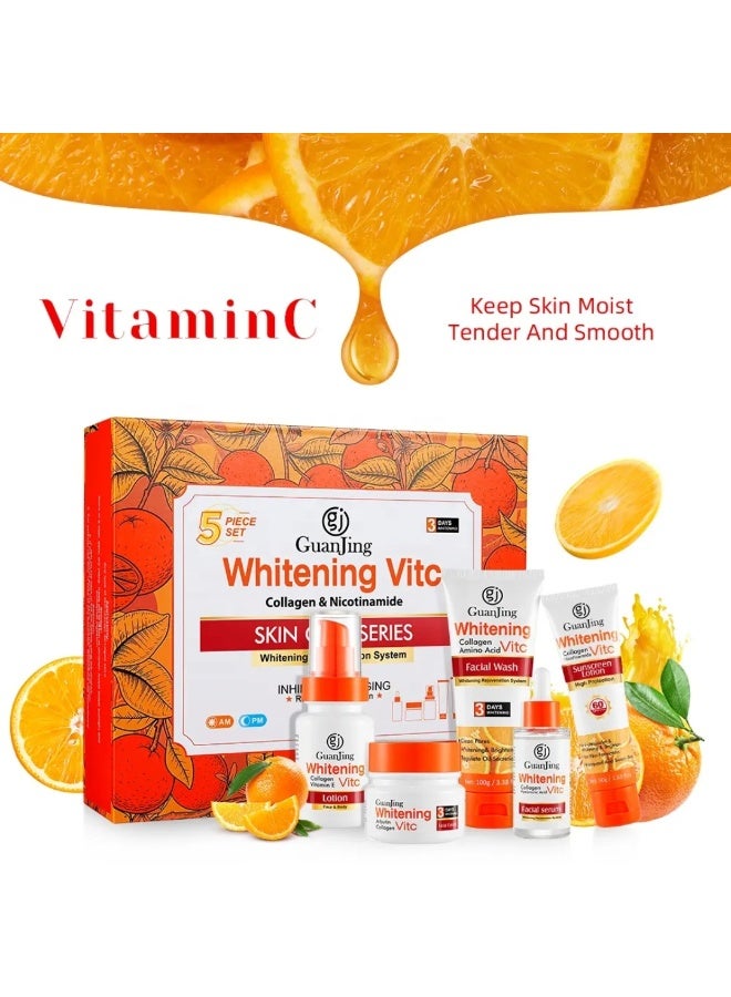 GUANJING Vitamin C Skin Care Set, Whitening Vitamin C Skincare Set with Collagen & Nicotinamide, Vitamin C lotion, Facial Wash, Facial Serum, Sunscreen Lotion & Facial Cream Skin Care Series Set - Image 2